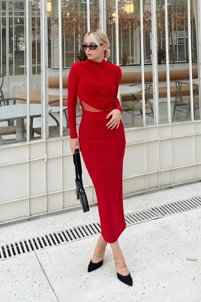 Kırmızı Bel Tül Dekolteli Yarım Balıkçı Drapeli Kadın Midi Elbise - 3
