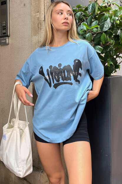 Mavi Visione Baskılı Oversize Kadın Tshirt - 4