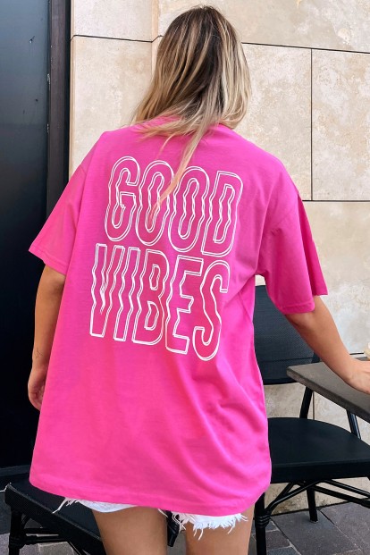 Pembe Good Vibes Sırt Baskılı Oversize Kadın Tshirt - SWİST