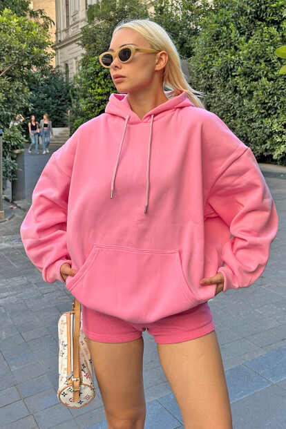 Pembe Oversize Kapüşonlu Kanguru Cepli İçi Polarlı Kadın Sweatshirt 