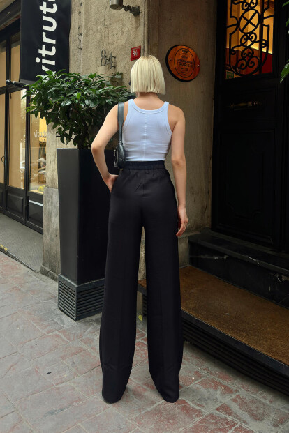Siyah Aura Beli Lastikli Cepli Palazzo Kadın Keten Pantolon - 5