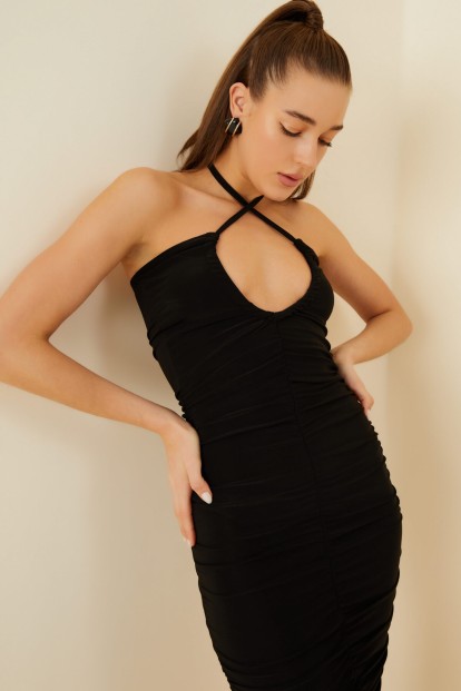 Siyah Drapeli Boyundan Bağlamalı Kadın Midi Elbise - 2