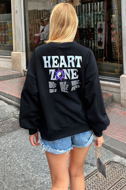 Siyah Heart Zone Ön ve Arka Baskılı Kadın Sweatshirt - SWİST