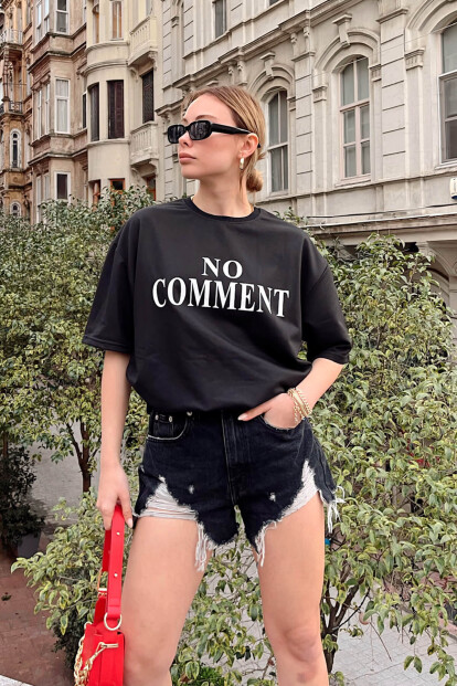 Siyah No Comment Baskılı Oversize Kadın Tshirt - 2