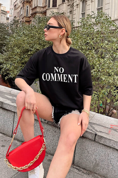 Siyah No Comment Baskılı Oversize Kadın Tshirt - 3