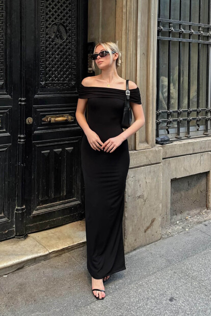 Siyah Omzu Açık Madonna Yaka Kadın Midi Elbise - 2