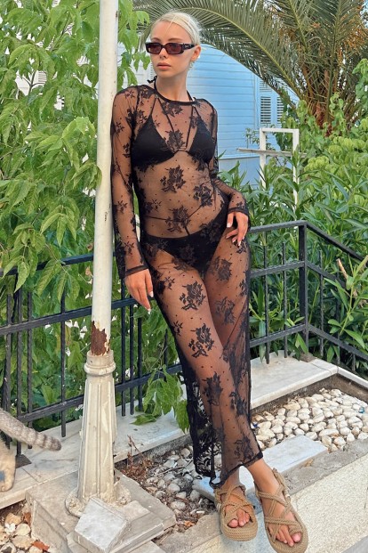 Siyah Pareo Sırt Bağlamalı Desenli Kadın Tül Plaj Elbisesi - 2
