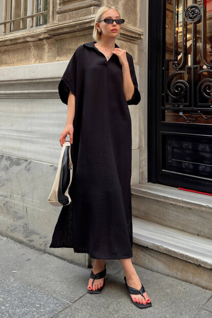 Siyah Rose Polo Yaka Salaş Yırtmaçlı Keten Karışımlı Kadın Midi Elbise - 1