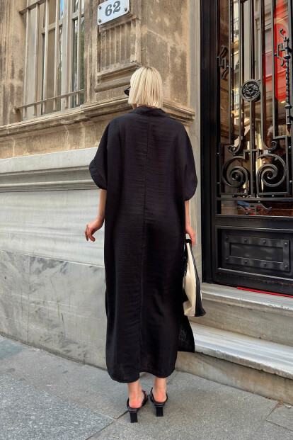 Siyah Rose Polo Yaka Salaş Yırtmaçlı Keten Karışımlı Kadın Midi Elbise - 5