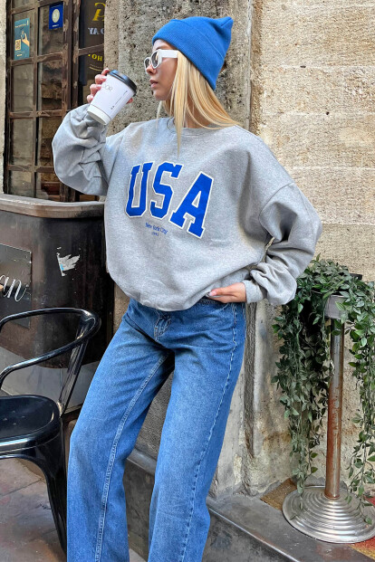 Siyah USA Baskılı İçi Pamuklu Kadın Sweatshirt - SWİST