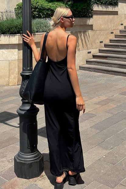 Siyah Valeria İp Askılı Sırt Dekolteli Kadın Midi Elbise - 1