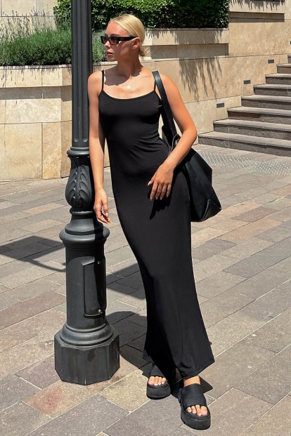 Siyah Valeria İp Askılı Sırt Dekolteli Kadın Midi Elbise - 2