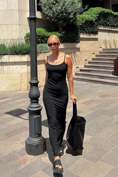 Siyah Valeria İp Askılı Sırt Dekolteli Kadın Midi Elbise - 4
