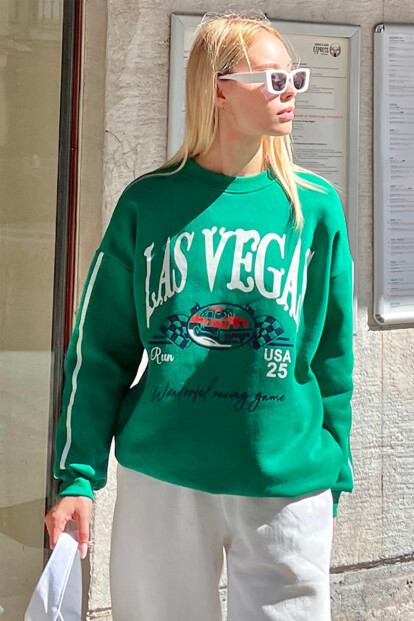 Yeşil Las Vgs Baskılı İçi Pamuklu Kadın Sweatshirt 