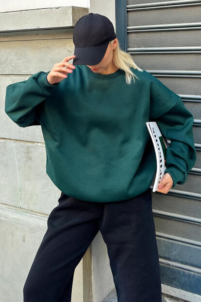 Yeşil Oversize Basic Bisiklet Yaka İçi Polarlı Kadın Sweatshirt 